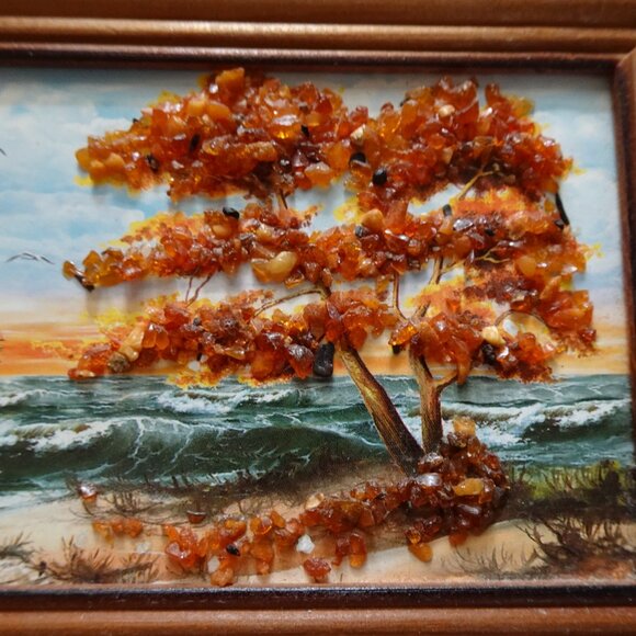 Vintage Miniature Painting Print with Baltic Amber Tree Landscape Ship Seascape - Picture 4 of 8